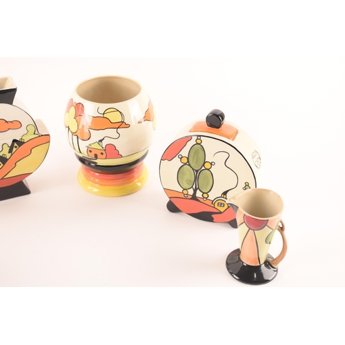 106 - After Clarice Cliff; a collection of ceramics by Lorna Bailey comprising two jugs of differing form ... 