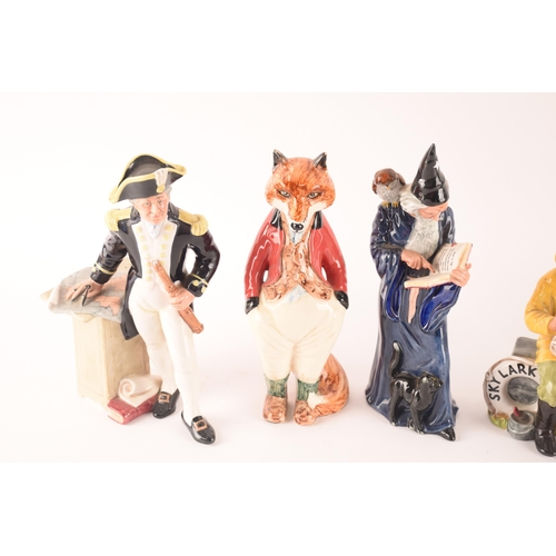 107 - A collection of five Royal Doulton figures comprising The Wizard, The Boatman, Fox, The Captain, and... 