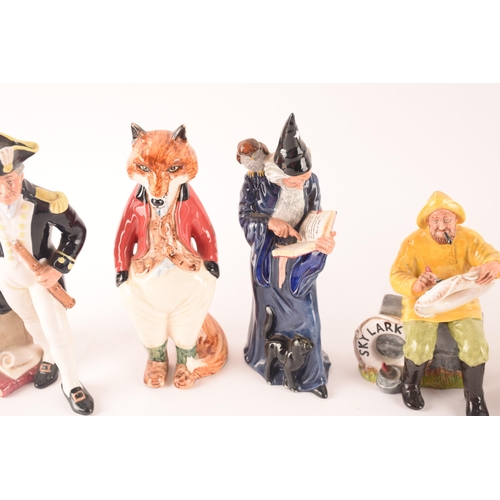 107 - A collection of five Royal Doulton figures comprising The Wizard, The Boatman, Fox, The Captain, and... 