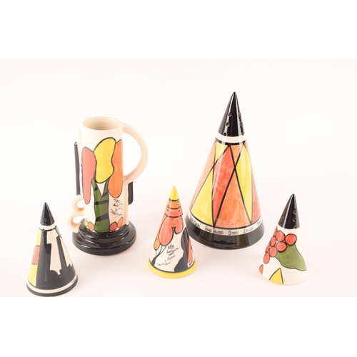 108 - After Clarice Cliff; a collection of ceramics stamped Crown Devon, comprising a larger salt shaker a... 