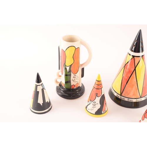 108 - After Clarice Cliff; a collection of ceramics stamped Crown Devon, comprising a larger salt shaker a... 