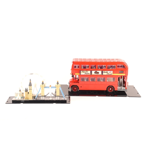 150 - A pre constructed Lego London bus together with a pre constructed Lego London skyline, both in custo... 