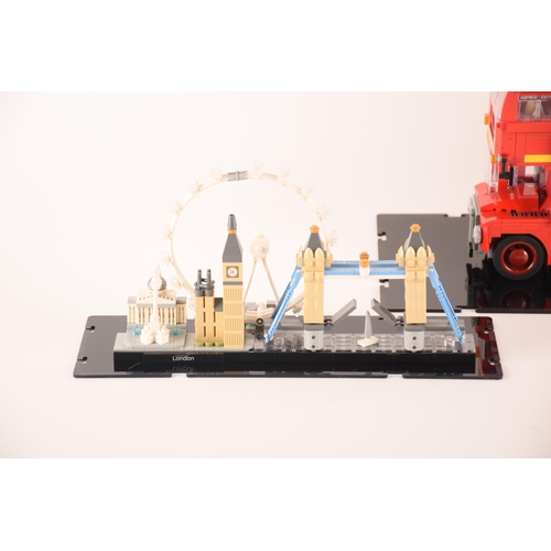 150 - A pre constructed Lego London bus together with a pre constructed Lego London skyline, both in custo... 