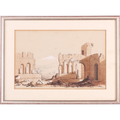 19 - Manner of David Roberts (1796 - 1864), Classical ruins with village beyond, bears a signature, ink, ... 