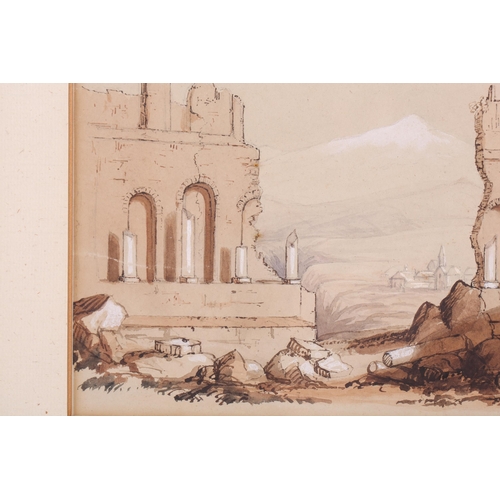 19 - Manner of David Roberts (1796 - 1864), Classical ruins with village beyond, bears a signature, ink, ... 