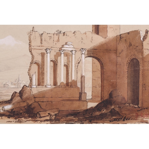 19 - Manner of David Roberts (1796 - 1864), Classical ruins with village beyond, bears a signature, ink, ... 