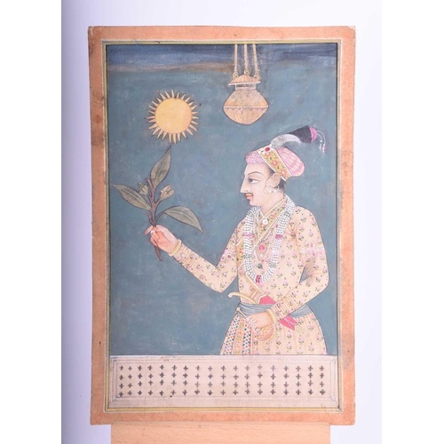 26 - Indian School, 19th century, A Mughal Shah holding a Kampala branch, beneath an incense burner and b... 