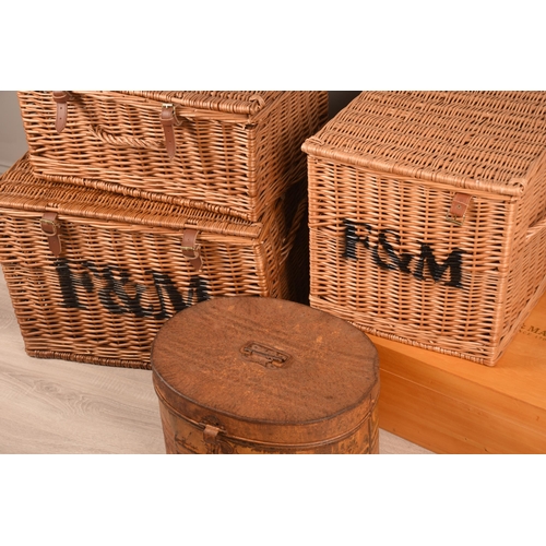 35 - Fortnum & Mason; a collection of three assorted hampers together with a wine chest and unmarked anti... 