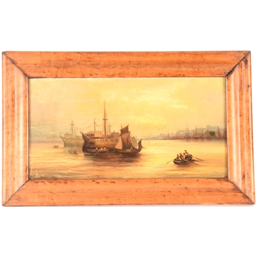 4 - After William Thornley, Rowing to a vessel, bears signature, oil on board, 19 x 37 cm, framed 28 x 4... 