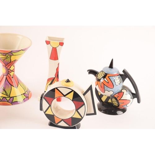 61 - After Clarice Cliff; a collection of ceramic by Lorna Bailey comprising three vases and two teapots,... 