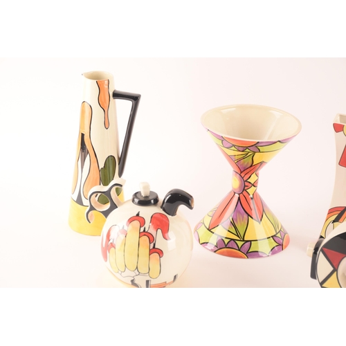 61 - After Clarice Cliff; a collection of ceramic by Lorna Bailey comprising three vases and two teapots,... 