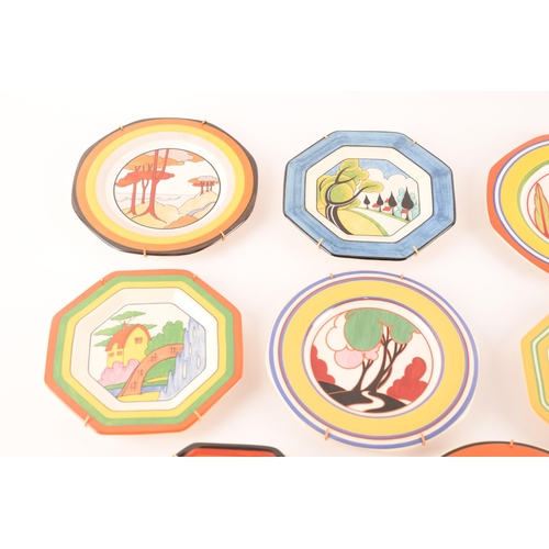 63 - After Clarice Cliff; a collection of four octagonal decorative plates by Wedgwood in the Mistique co... 