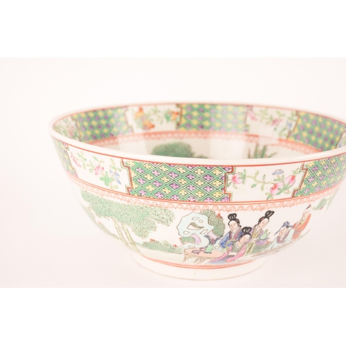 70 - A large Chinese famille rose bowl, 20th century, the interior decorated with figures in a garden, 14... 