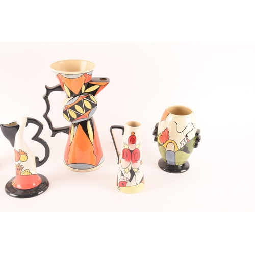 88 - After Clarice Cliff; a collection of ceramics comprising a large jug of abstract form, together with... 