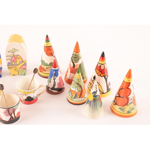 98 - After Clarice Cliff; a collection of ceramics stamped Wedgwood for Clarice Cliff comprising a trio o... 