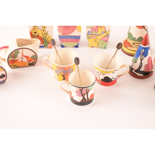 98 - After Clarice Cliff; a collection of ceramics stamped Wedgwood for Clarice Cliff comprising a trio o... 