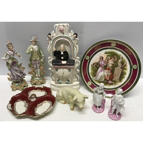 1 - Ceramics including Vienna plate, pair 19thC pink & white continental bisque pig figures, Alka Bavari... 