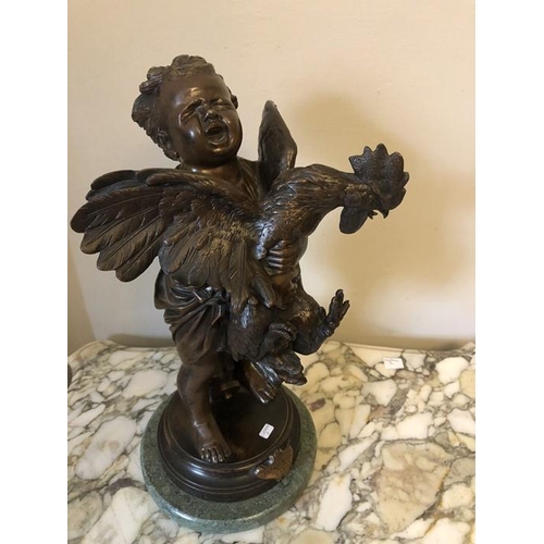 1052 - Bronze group, a child holding a Rooster ''L'enfant au coq'' signed after Adriano Cecione Firenze. 38... 