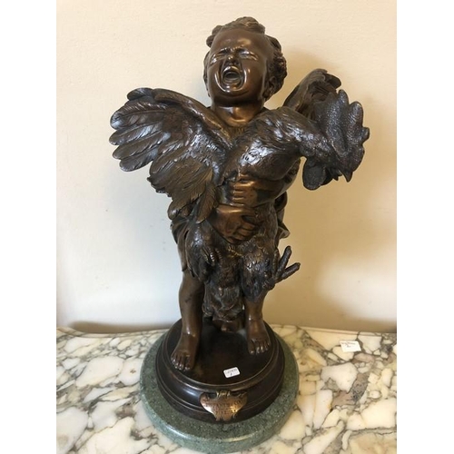 1052 - Bronze group, a child holding a Rooster ''L'enfant au coq'' signed after Adriano Cecione Firenze. 38... 