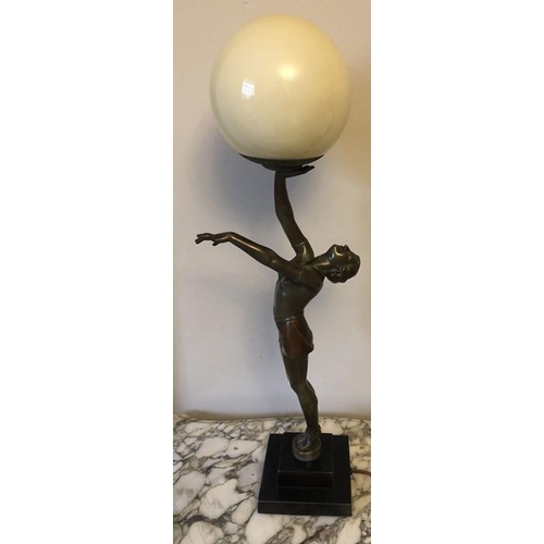 1069 - Art Deco figural table lamp, believed to be 20thC, semi naked female with white glass ball shade. 63... 