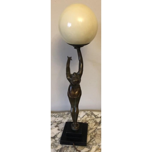 1069 - Art Deco figural table lamp, believed to be 20thC, semi naked female with white glass ball shade. 63... 