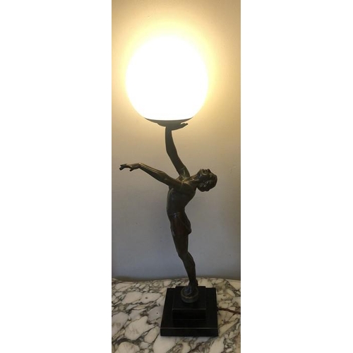 1069 - Art Deco figural table lamp, believed to be 20thC, semi naked female with white glass ball shade. 63... 