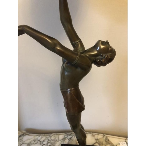 1069 - Art Deco figural table lamp, believed to be 20thC, semi naked female with white glass ball shade. 63... 