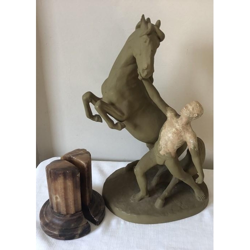 12 - Marble column bookends and a Goldscheider model of a man and horse (painted) 42cms h.