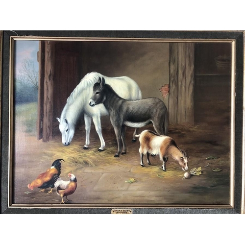 1240 - Edgar Hunt 1876-1953. Oil on canvas stable scene, horse, donkey, goat and chickens signed E. Hunt 19... 