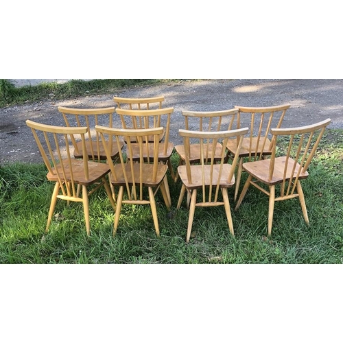 1363 - Set of nine Ercol stick back dining chairs, 45 h to seat, 79 h to back, 39cms w.