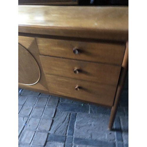 1365 - Mid century teak sideboard, circular panel doors, 3 drawers. 183 w x 45 d x 78cms h.