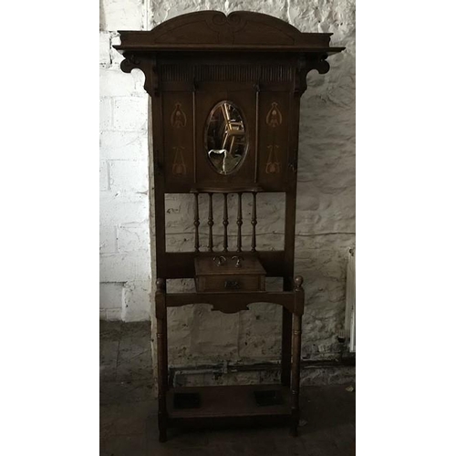 1366 - Victorian oak hallstand with Art Noveau inlaid panels, mirrored back, top shelf and single drawer. 2... 