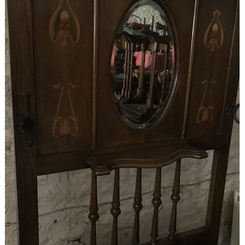 1366 - Victorian oak hallstand with Art Noveau inlaid panels, mirrored back, top shelf and single drawer. 2... 