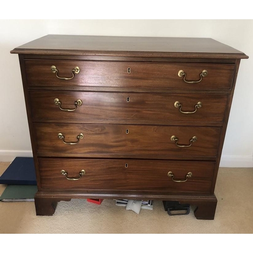 1369 - A 19thC mahogany chest of 4 long drawers on bracket feet with brass swan necked handles. 97 w x 50 d... 