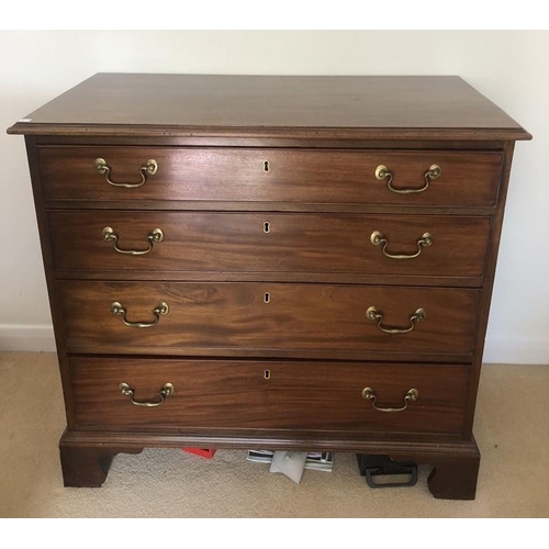 1369 - A 19thC mahogany chest of 4 long drawers on bracket feet with brass swan necked handles. 97 w x 50 d... 