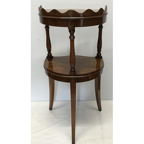 1376 - Mahogany two tier side occasional table with tripod legs and gallery top. 69cm h x 34cm w.