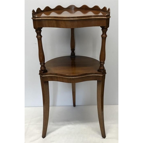 1376 - Mahogany two tier side occasional table with tripod legs and gallery top. 69cm h x 34cm w.