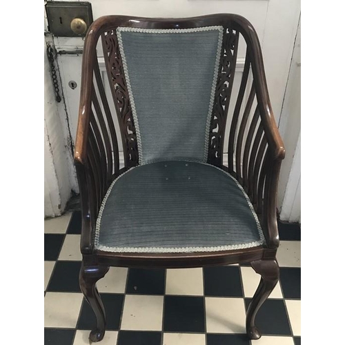 1380 - Edwardian inlaid mahogany slat back armchair with blue upholstery to seat and back. Height to seat 4... 