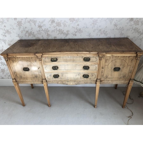 1384 - Good quality sideboard with 3 central drawers, dining table and four chairs including 2 carvers. Sid... 