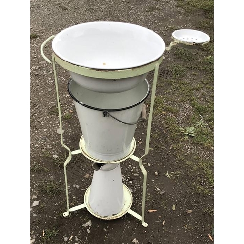 1397 - Three tier metal washstand with white enamel wash basin, bucket, jug and soap dish. 84cms h, 36cms w... 