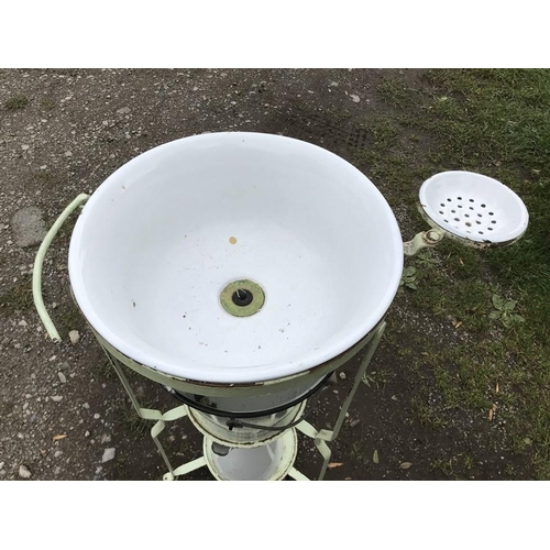 1397 - Three tier metal washstand with white enamel wash basin, bucket, jug and soap dish. 84cms h, 36cms w... 