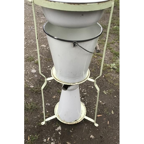 1397 - Three tier metal washstand with white enamel wash basin, bucket, jug and soap dish. 84cms h, 36cms w... 