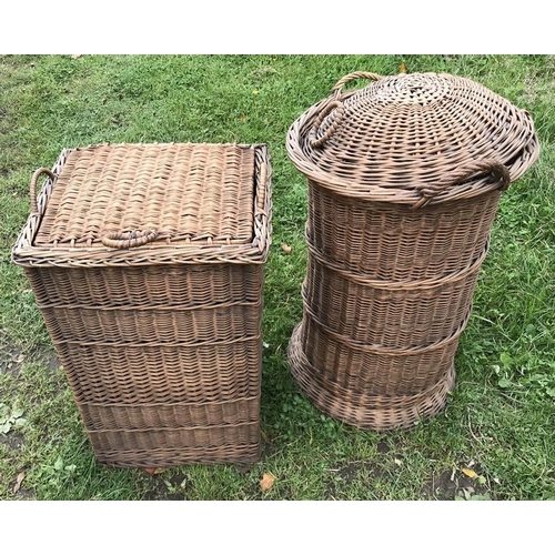 1398 - Two cane linen baskets, circular approx 78cms h and rectangular 70cms h.