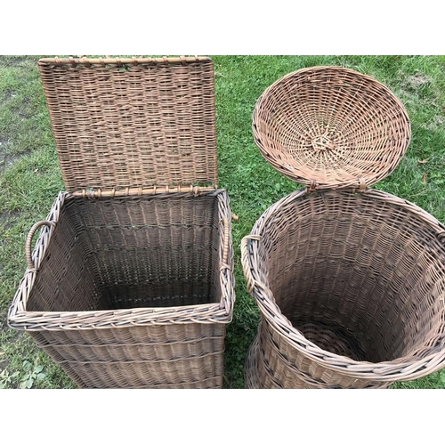 1398 - Two cane linen baskets, circular approx 78cms h and rectangular 70cms h.