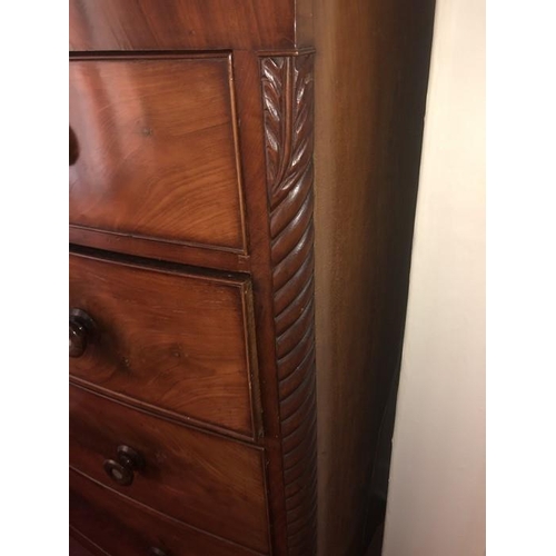 1409 - A 19thC mahogany bowfront chest of drawers, wooden knobs inset with mother of pearl.