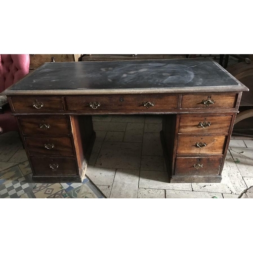 1419 - Mahogany twin pedestal desk, raised black leather top with 9 drawers. 153 w x 75 d x 79cms h.