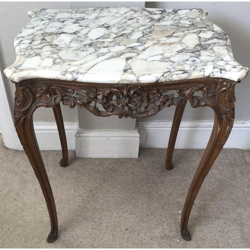 1427 - French 18thC carved beech table with marble top.73cm h x 59cm w x 46cm d.