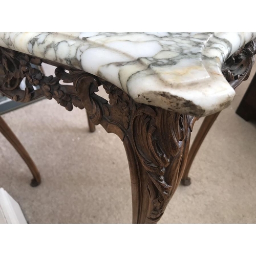 1427 - French 18thC carved beech table with marble top.73cm h x 59cm w x 46cm d.