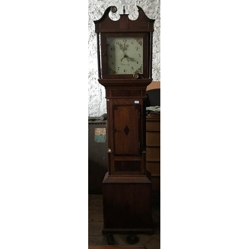 1431 - Longcase clock, oak and mahogany boxwood banded inlay, 30 hour, Daventry, 202 h x 22 d x 46cms w.