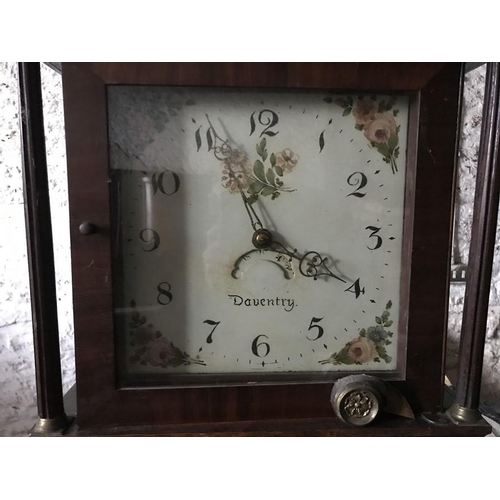 1431 - Longcase clock, oak and mahogany boxwood banded inlay, 30 hour, Daventry, 202 h x 22 d x 46cms w.